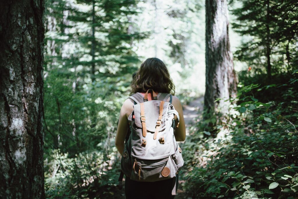 Wanderin mit Rucksack auf Waldweg im Spessart - Naturerlebnis rund um das Waldhotel Heppe in Dammbach